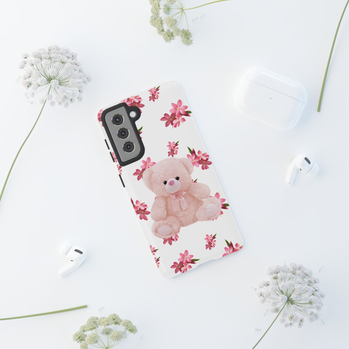 Cute Teddy Bear Phone Case, Floral Phone Cover, Gift for Kids, Teenagers, Birthday, Cute Accessories, Tough Cases