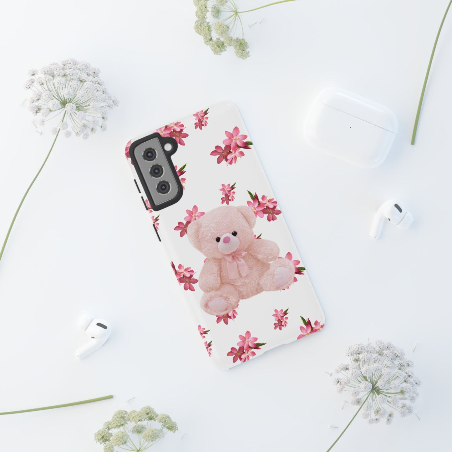 Cute Teddy Bear Phone Case, Floral Phone Cover, Gift for Kids, Teenagers, Birthday, Cute Accessories, Tough Cases