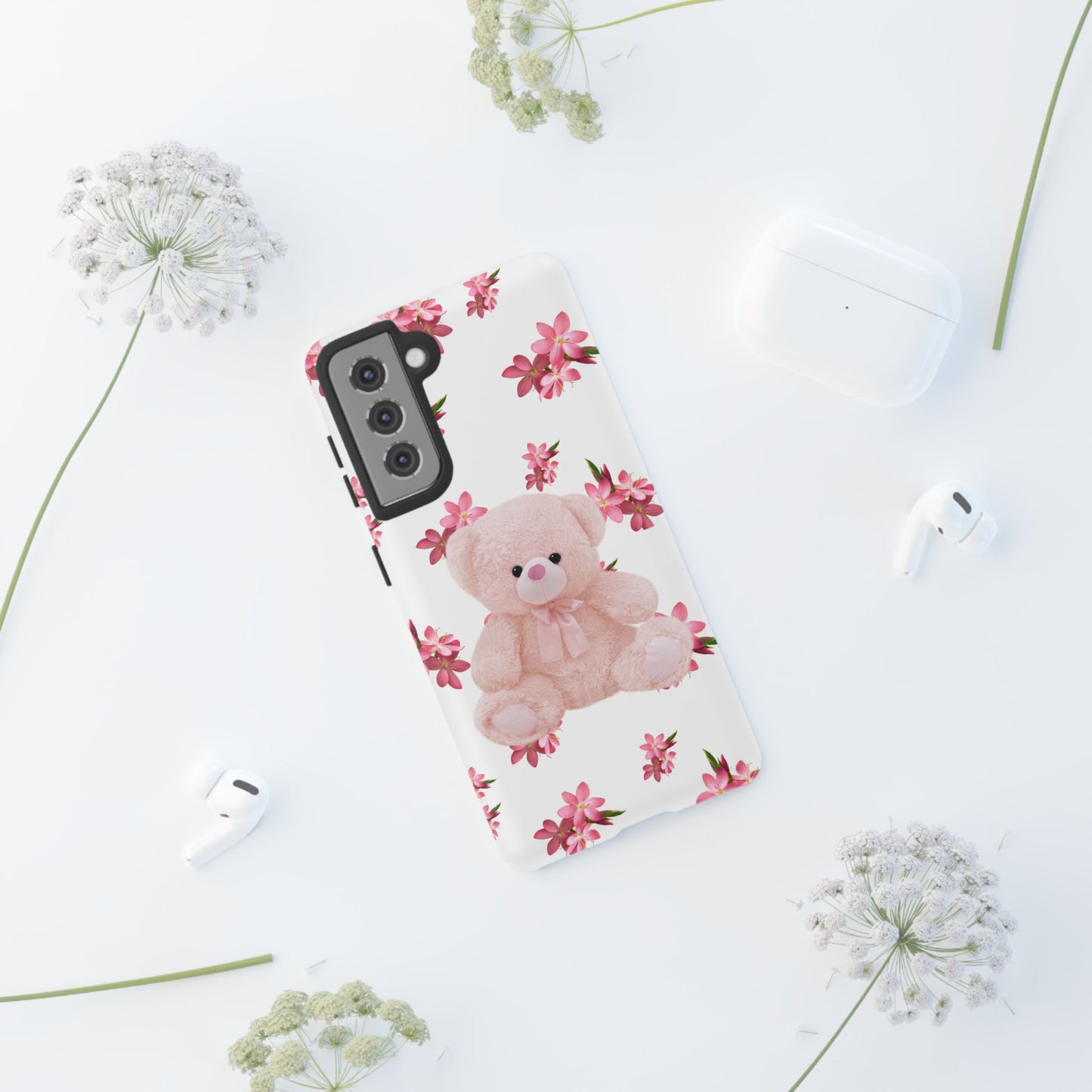 Cute Teddy Bear Phone Case, Floral Phone Cover, Gift for Kids, Teenagers, Birthday, Cute Accessories, Tough Cases