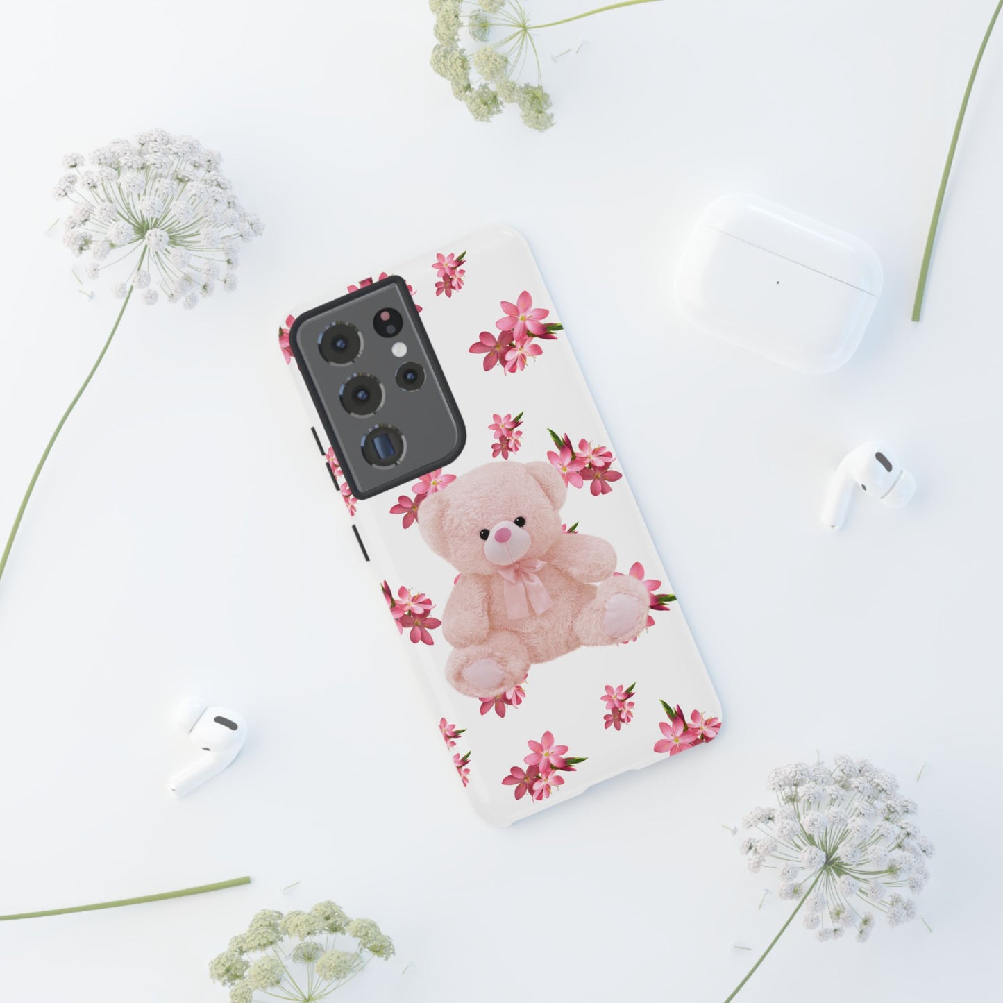 Cute Teddy Bear Phone Case, Floral Phone Cover, Gift for Kids, Teenagers, Birthday, Cute Accessories, Tough Cases